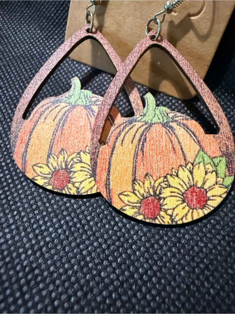 Pumpkin & Sunflower Teardrop Wood Earrings - Orange Yellow